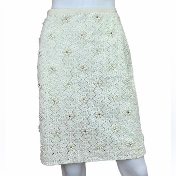 Talbots 6P Cream Eyelet Lace Studded Floral Elegant Knee-Length Pencil Skirt - Picture 1 of 4